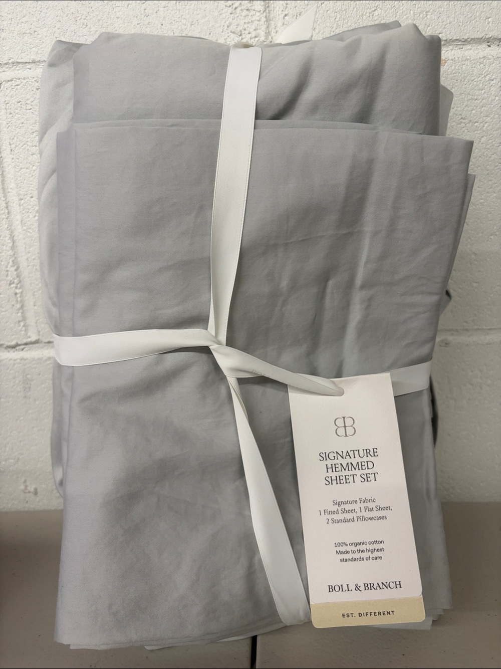NEW $279 QUEEN Boll & Branch Signature Hemmed Sheet Set in Light Gray SKY 4 pc